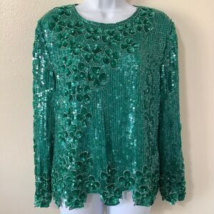 Vintage 90s Scala Teal Silk All Over Sequin Bead Old Money Artsy Blouse PXL